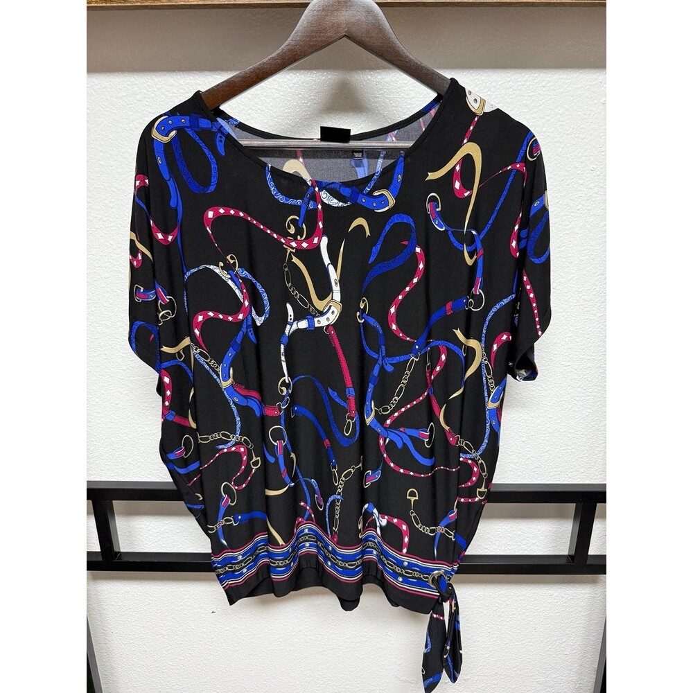 RAFAELLA Womens size M Navy/black Multi Belt & Chain Print Bow-Tie STRETCH Top M